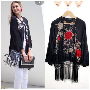 Zara Floral Embroidered fringe kimono black open front